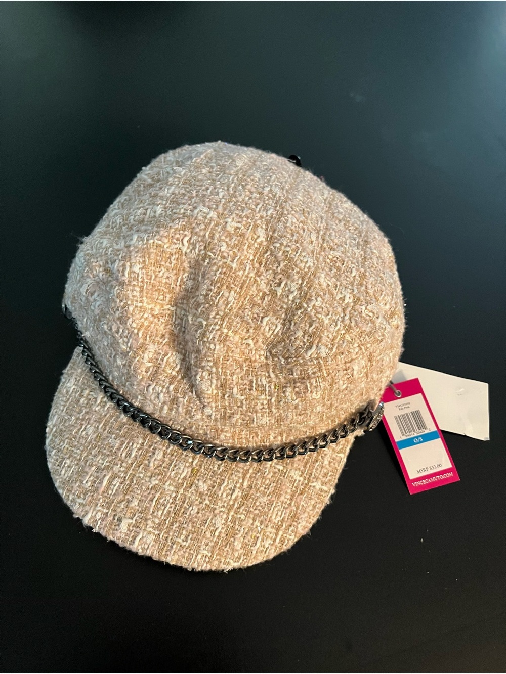 Vince Camuto Tweed Cap with Black Chain Trim New